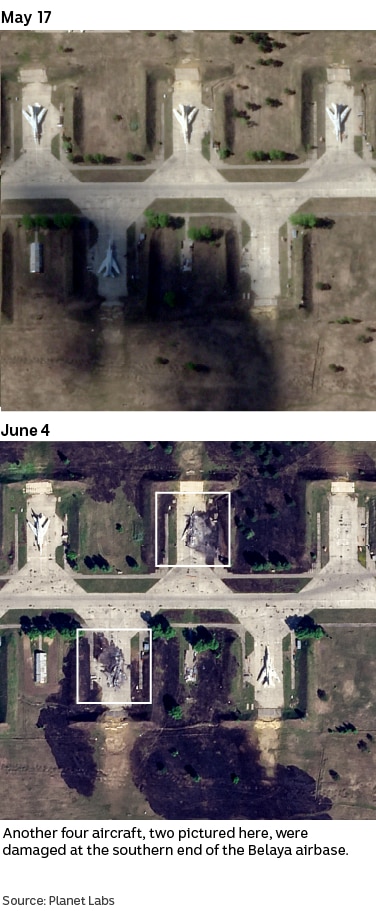 Side-by-side satellite images showing a number of destroyed airplanes on a runway in the after shot.