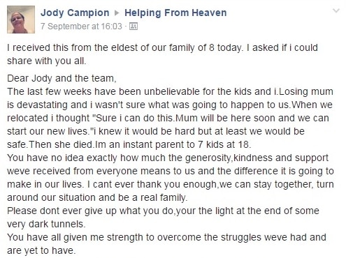 Helping From Heaven Facebook post