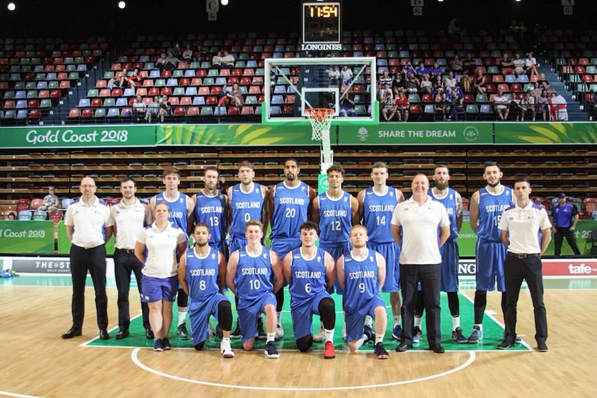 Scotland's basketball team stand for a photo at the Commonwealth Games.