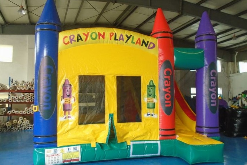 A plastic inflatable castle
