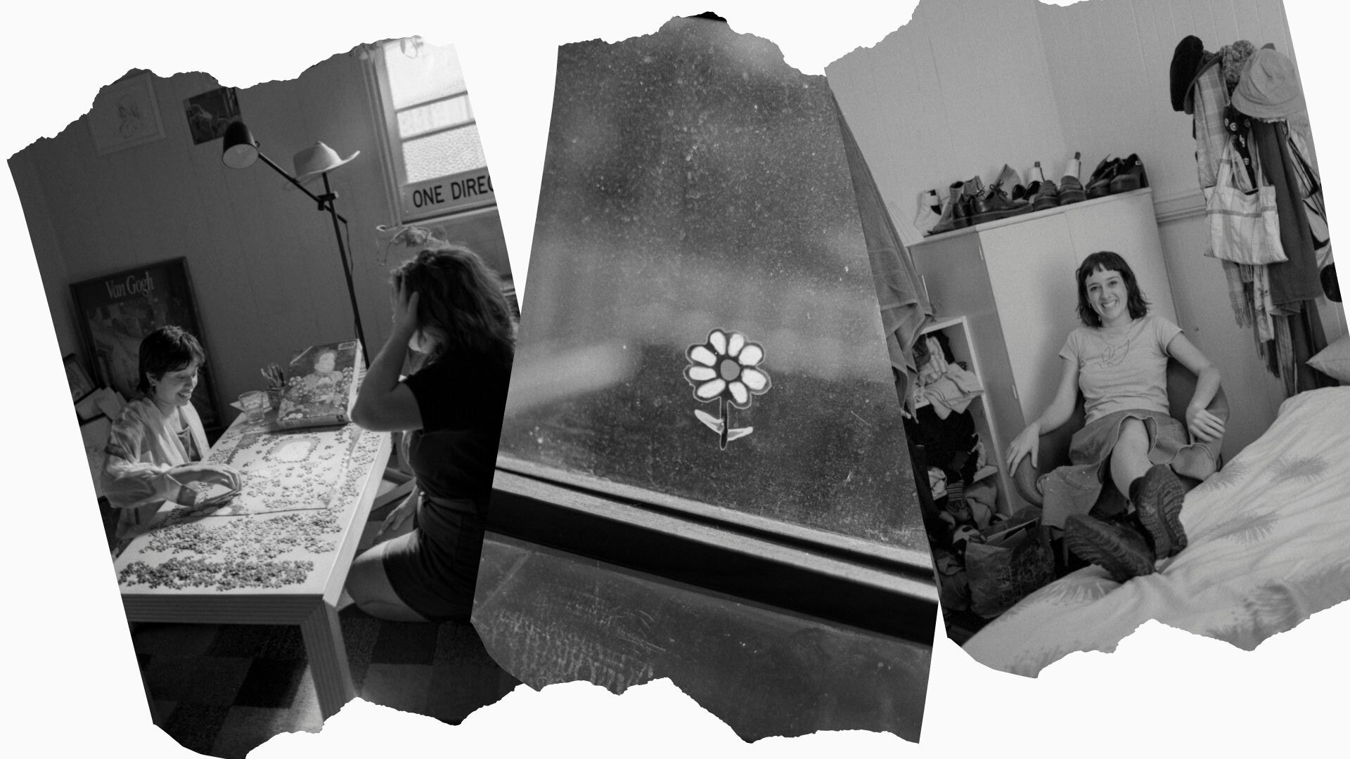 A collage of three black and white photos 