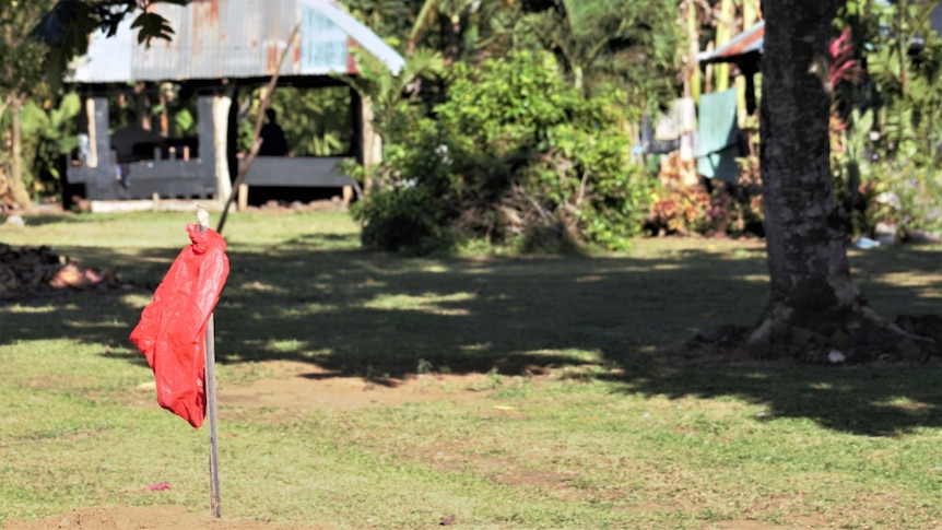 Red fabric tied around wooden peg in front of grass and iron sheeting house.