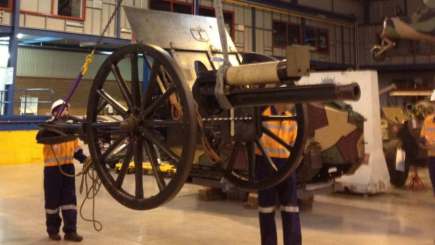 An 18 pounder Mark 1 Field Gun (British) on the move at the Australian War Memorial's storage facility in Mitchell.