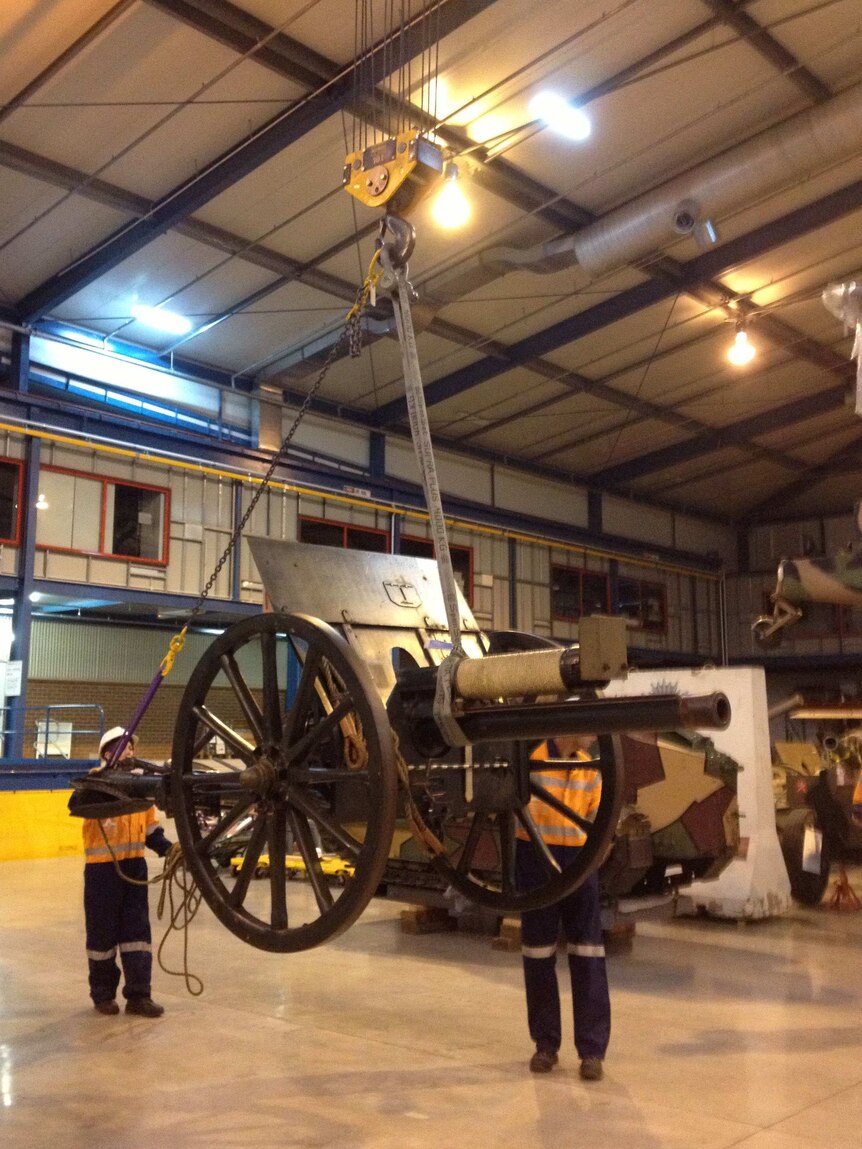 An 18 pounder Mark 1 Field Gun (British) on the move at the Australian War Memorial's storage facility in Mitchell.