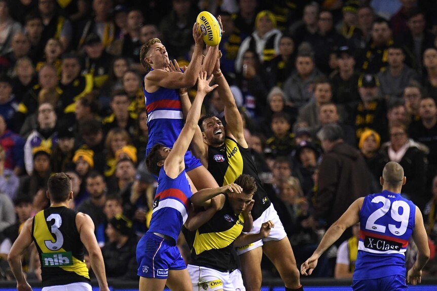 Aaron Naughton leaps in the air to take a pack mark for the Bulldogs against the Suns.