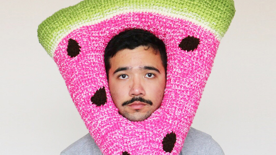 Phil Ferguson AKA Chili Philly wearing a crocheted watermelon hat.
