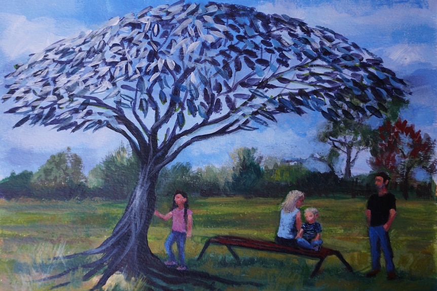 A painting of a steel street sculpture of a tree with people standing and sitting beneath it.