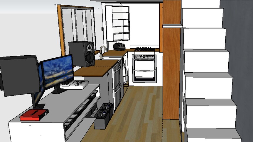 An artist's impression inside Amy's tiny house shows space has been made for a home studio.