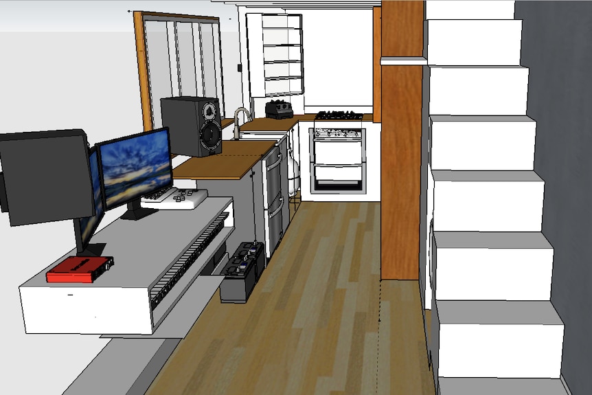An artist's impression inside Amy's tiny house shows space has been made for a home studio.