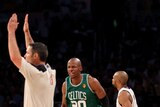 Marksman: Ray Allen dropped eight three-pointers on the Lakers.