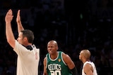 Marksman: Ray Allen dropped eight three-pointers on the Lakers.