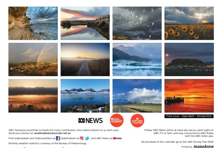 The back of a calendar showing 12 photos of natural landscapes from around Tasmania.