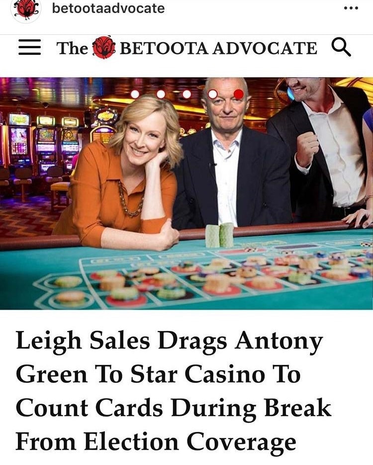 Leigh Sales and Antony Green infront of roulette smiling 