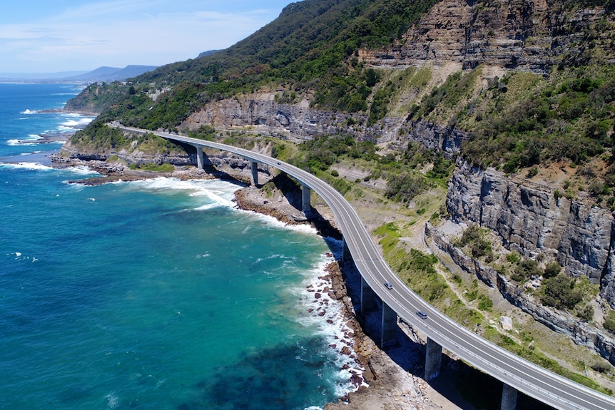 An aerial view of the Sea Cliff Bridge looking south towards Wollongong.