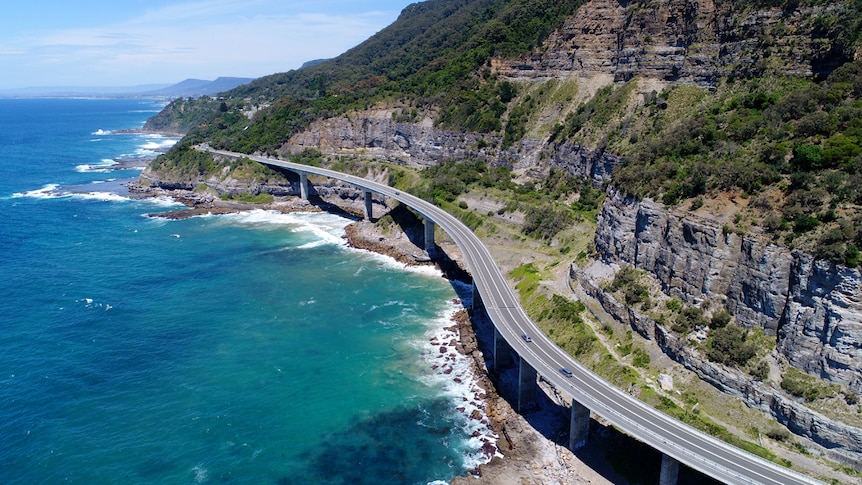 An aerial view of the Sea Cliff Bridge looking south towards Thirroul and Bulli