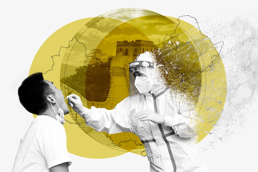 A health worker in PPE tests a patient with a swab in black and white, with yellow circles in background and great wall of China