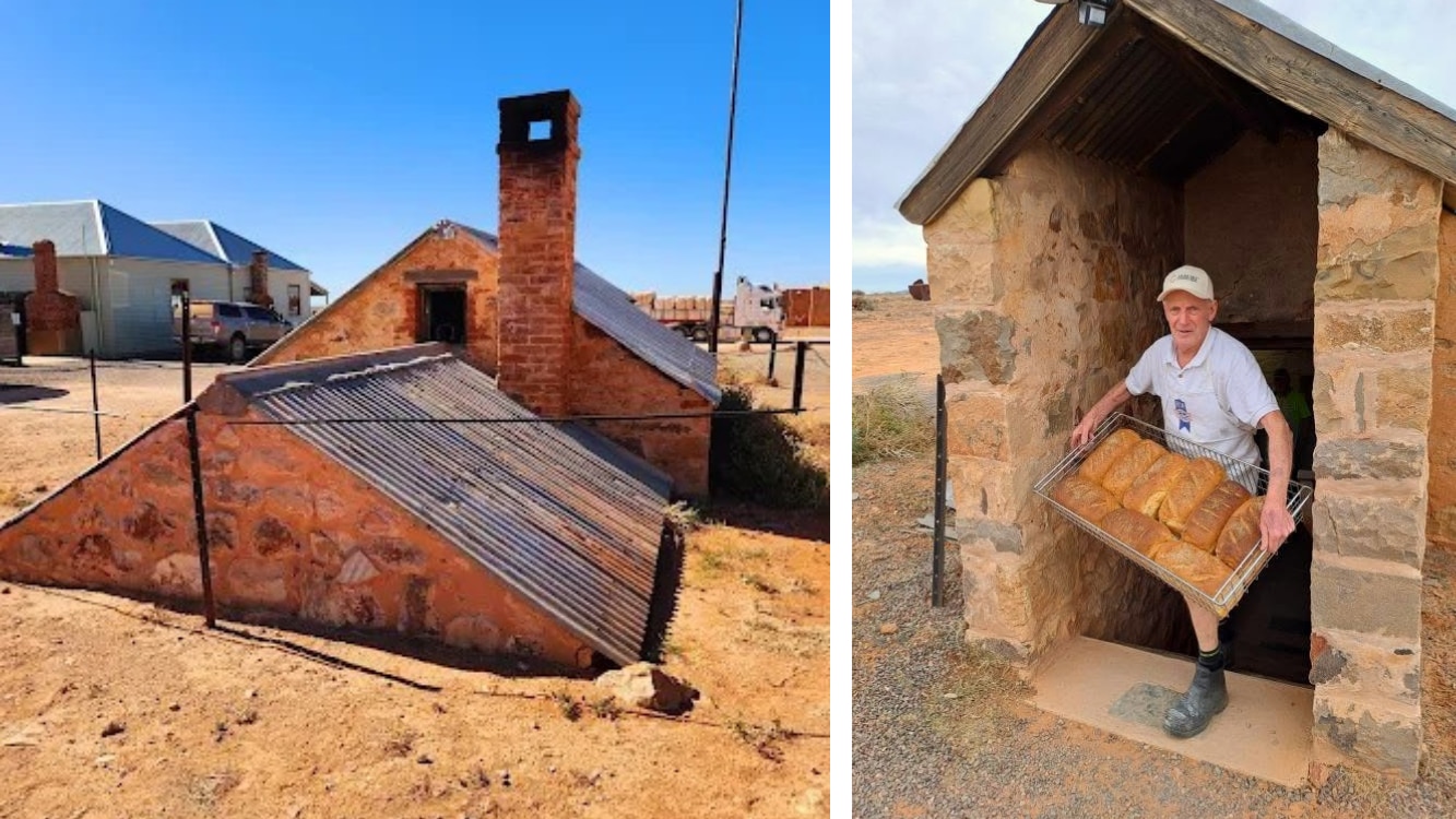 Two images, one of a man holding bread at the stone entrance to an underground room, the other a view of the roof in the dirt.