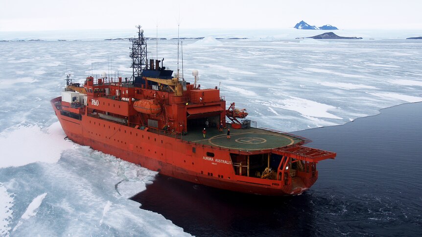 The Aurora Australis entering the fast ice near Mawson in Antarctica - date unknown
