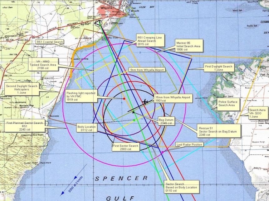 Map of Spencer Gulf showing search effort details following the Whyalla Airlines crash on May 2000.