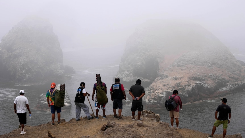 Men stand in a line and look out at the misty ocean. 