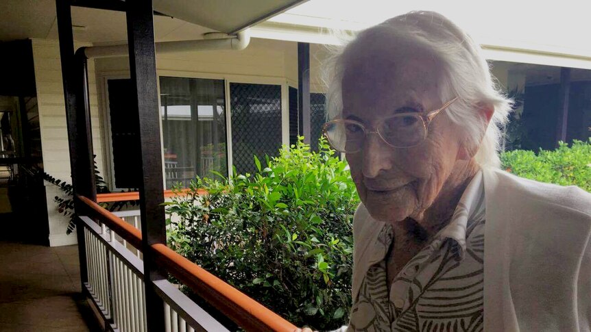 Ethel Johnson poses for a photo at her aged care centre.