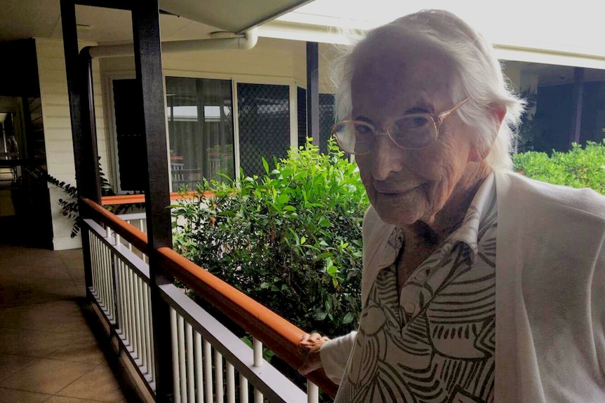 Ethel Johnson poses for a photo at her aged care centre.