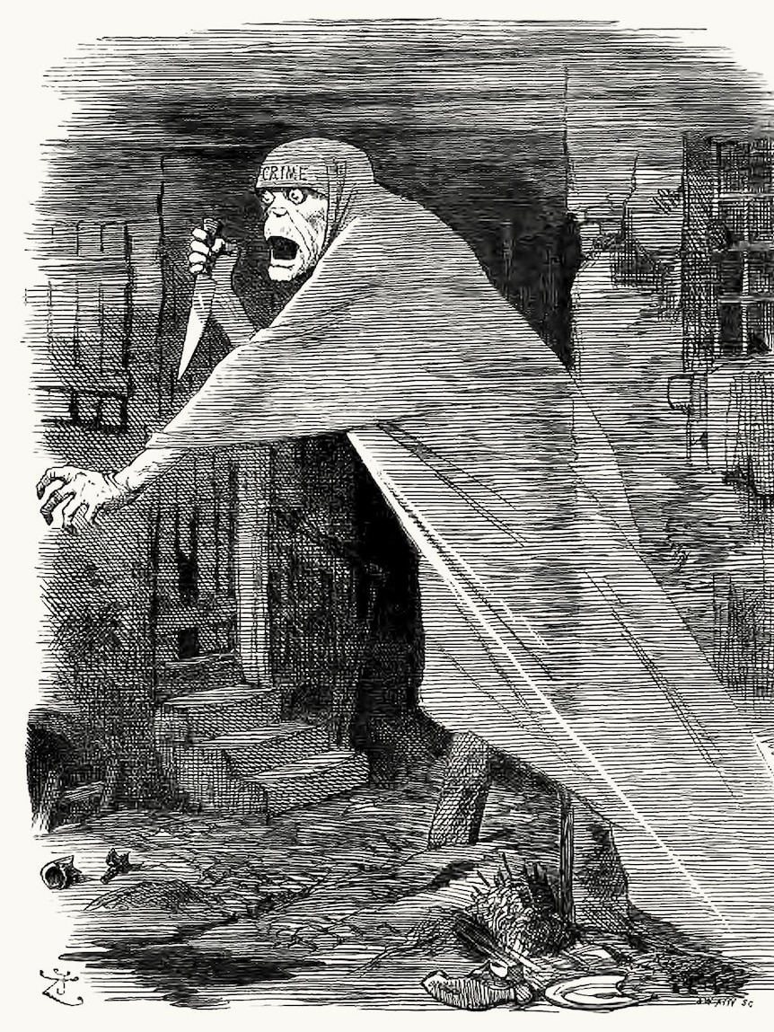 Un dessin animé de Jack l'Eventreur représenté comme un fantôme traquant Whitechapel