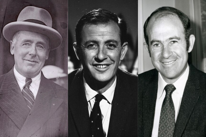 Black and white composite image of three men in suits and ties, one wearing a hat.