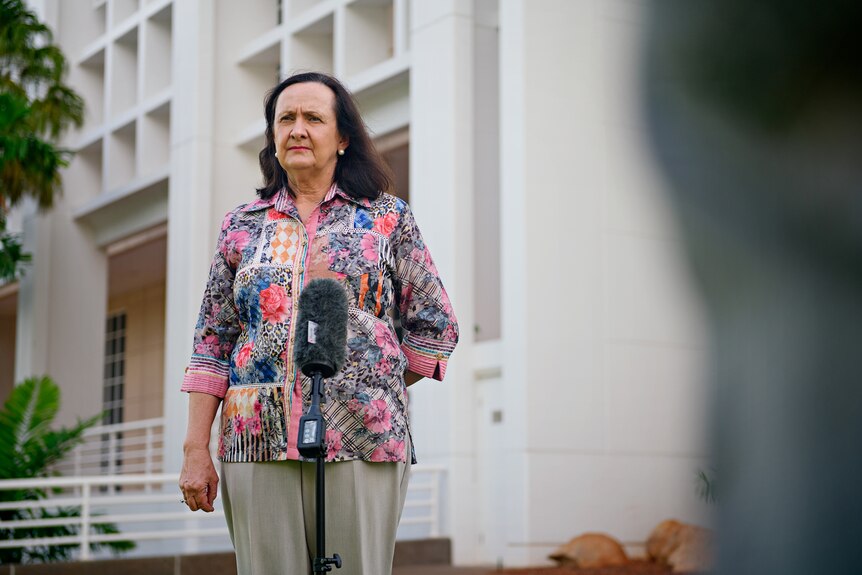NT Independent MLA Robyn Lambley, looking serious, standing in front of a microphone outside Parliament House. 