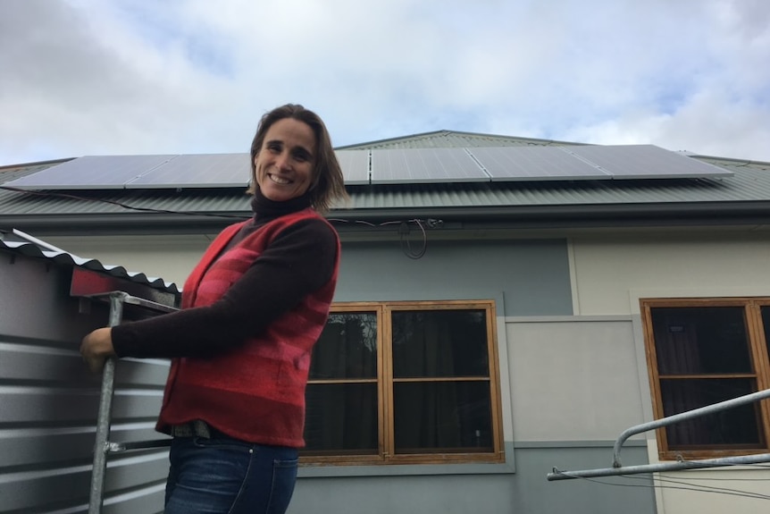 A woman on a ladder with solar panels on a roof in the background.