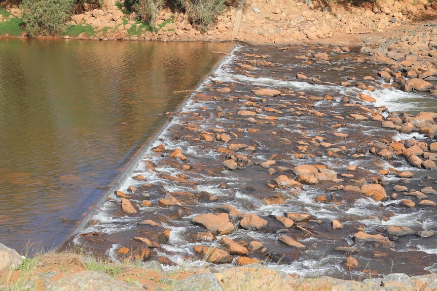 A sheet of rocks breaking the surface of the Ashburton River on Andrew Forrest's Minderoo property