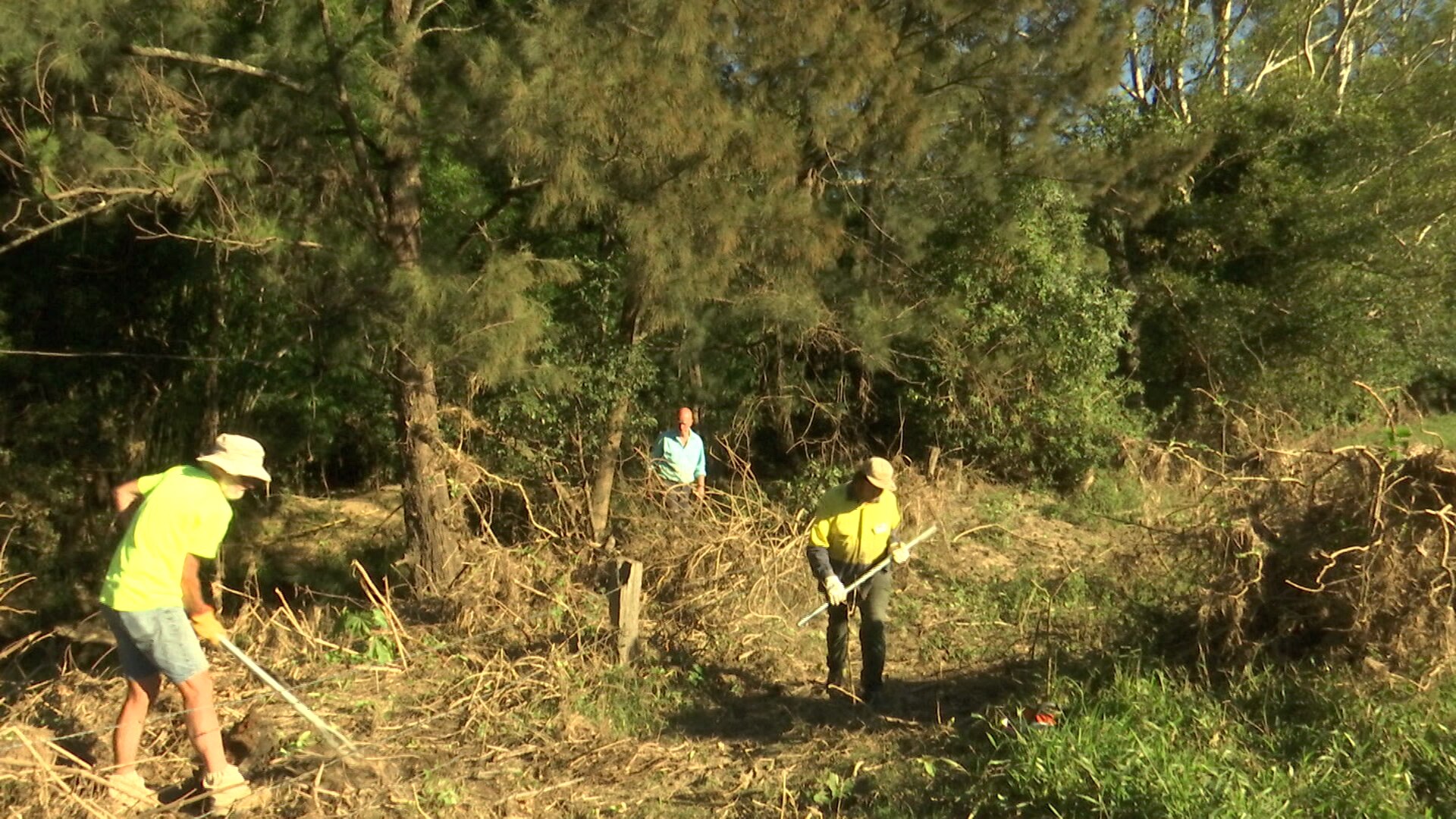 Three volunteers clear debris with chainsaws and shovels on a farm