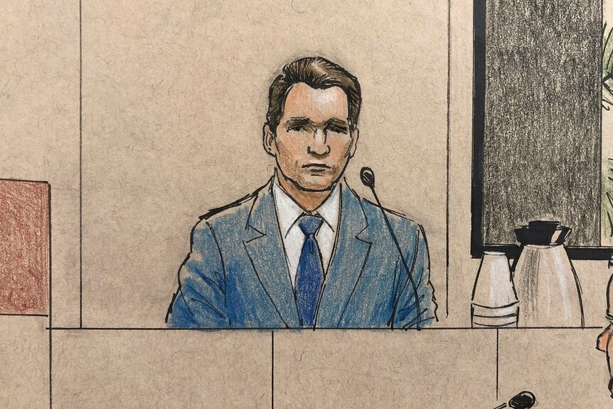 A hand drawn illustration shows a man in a suit sitting behind a microphone in the witness box of a court