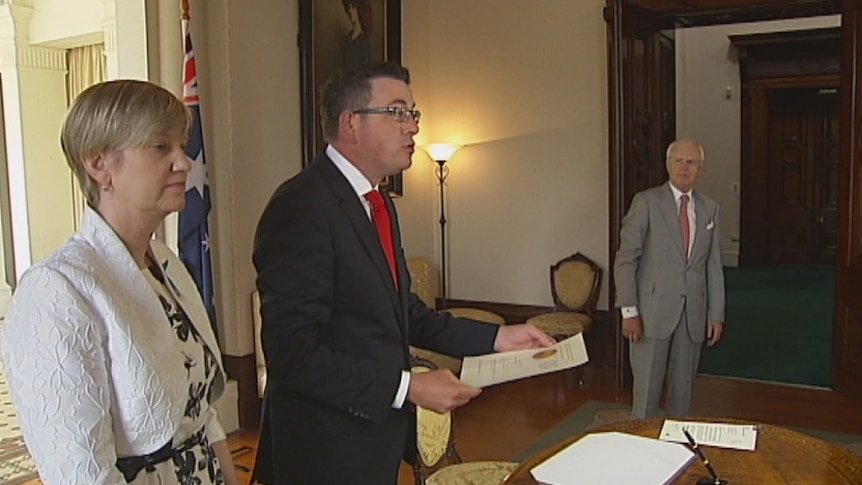 Daniel Andrews and Fiona Richardson at Government House to launch Australia's first royal commission into family violence.