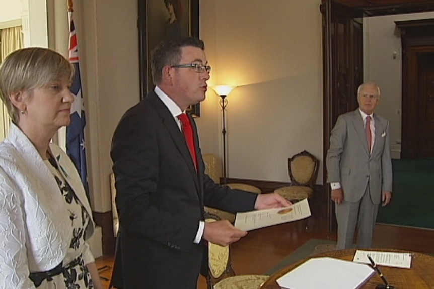 Daniel Andrews and Fiona Richardson at Government House to launch Australia's first royal commission into family violence.