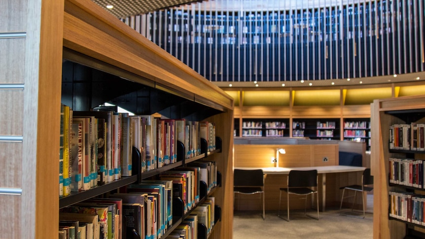 Bookshelves and reading rooms at the City of Perth library.