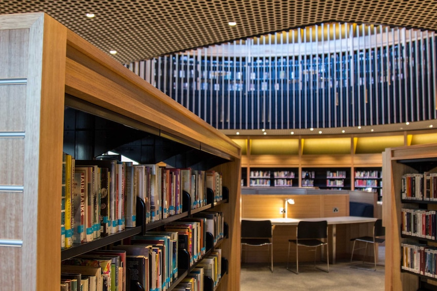 Bookshelves and reading rooms at the City of Perth library.