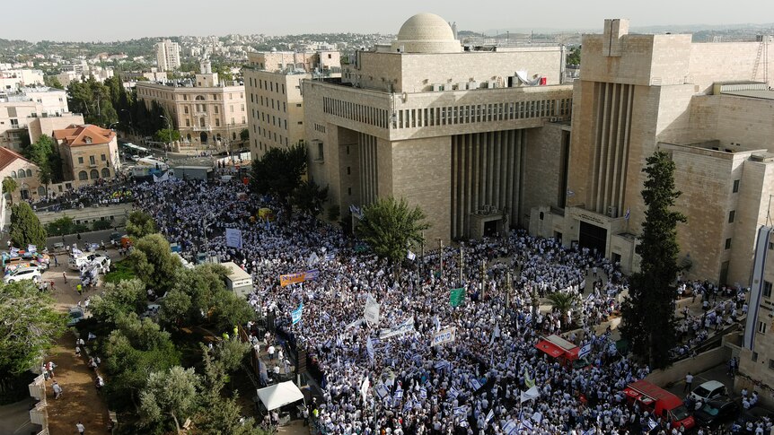 A drone photo shows Israelis gathering for a Jerusalem Day parade.