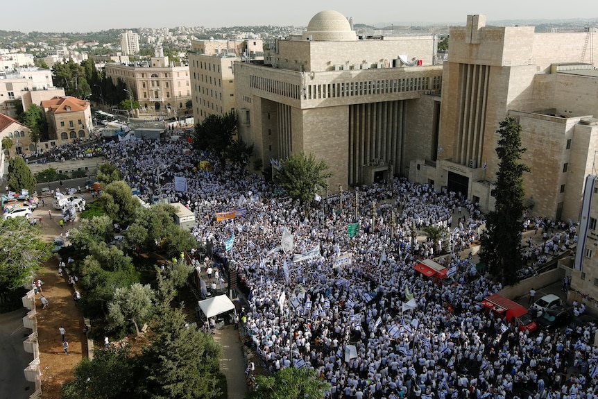 A drone photo shows Israelis gathering for a Jerusalem Day parade.