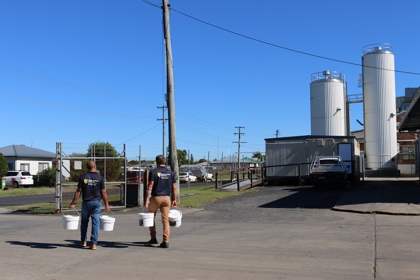 Researchers walk from a dairy factory site carrying white buckets.