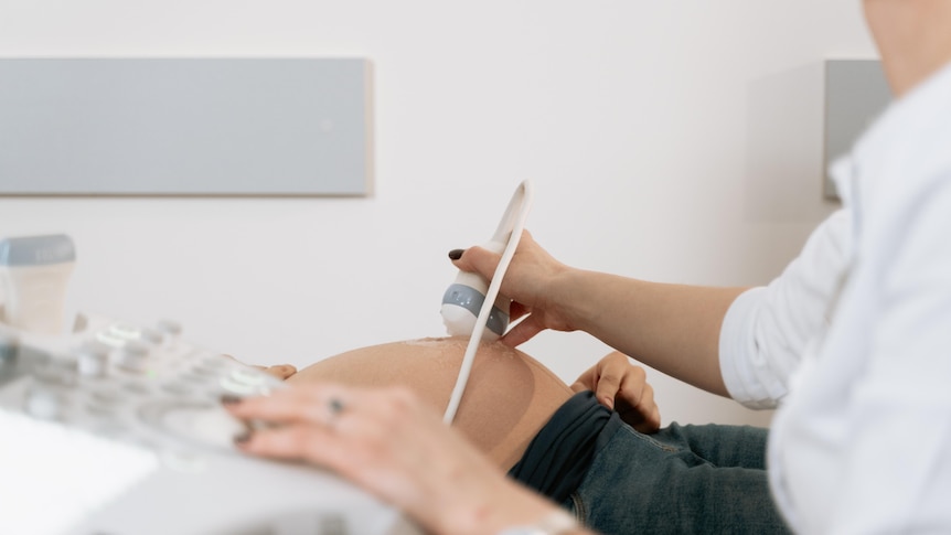 Doctor performs an ultrasound on pregnant woman.