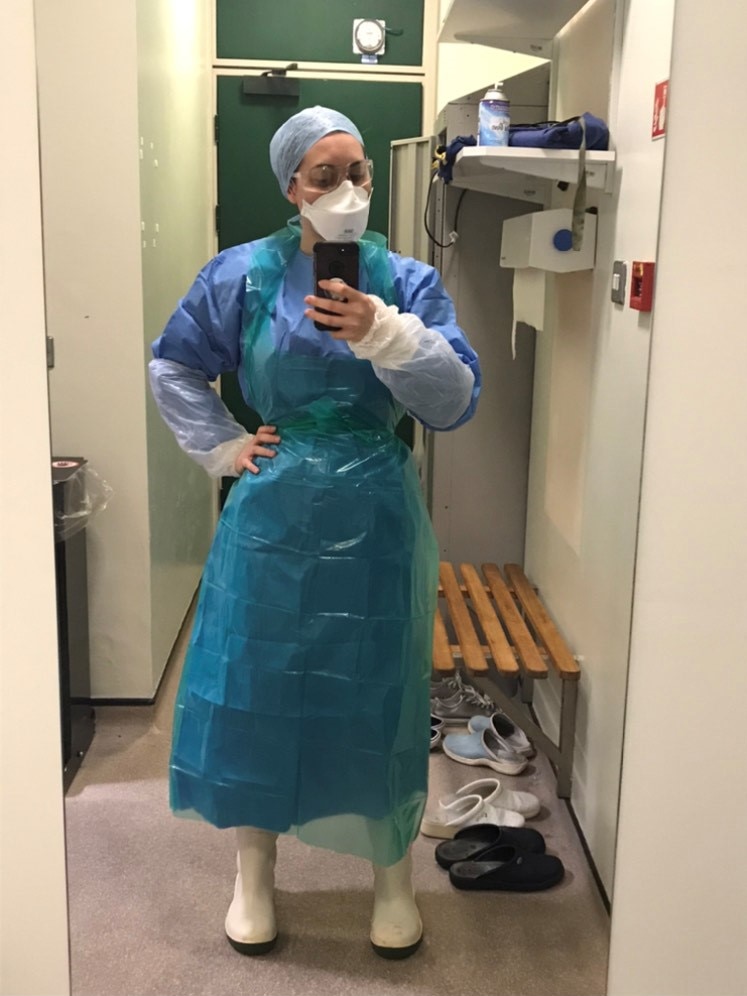 Mortuary assistant Rose Carbon in full PPE at work at a London hospital.