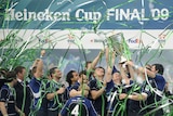 Brian O'Driscoll holds up the Heineken Cup with his Leinster team-mates.