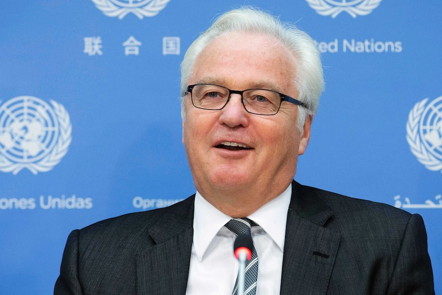Russia's UN Ambassador Vitaly Churkin speaks during a news conference at United Nations headquarters.