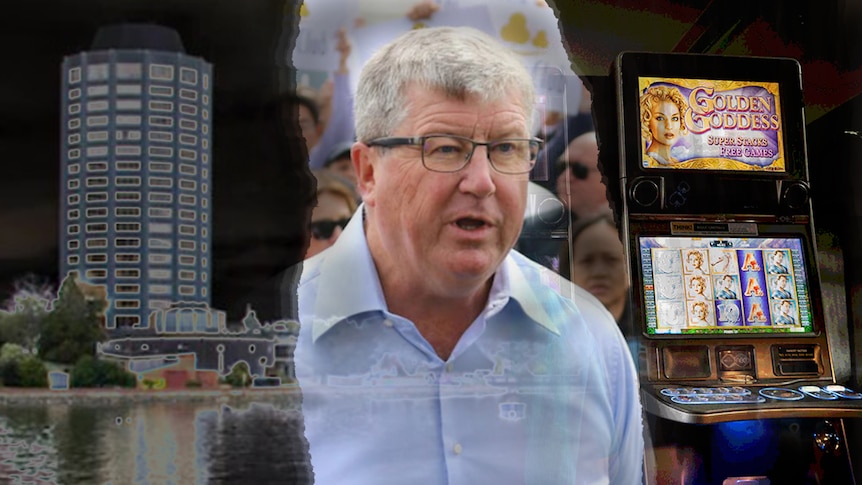 A middle aged man with warped picture of a casino and a poker machine