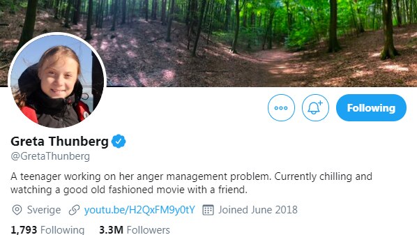twitter profile of Greta Thunberg.