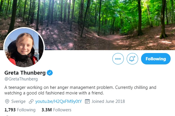 twitter profile of Greta Thunberg.