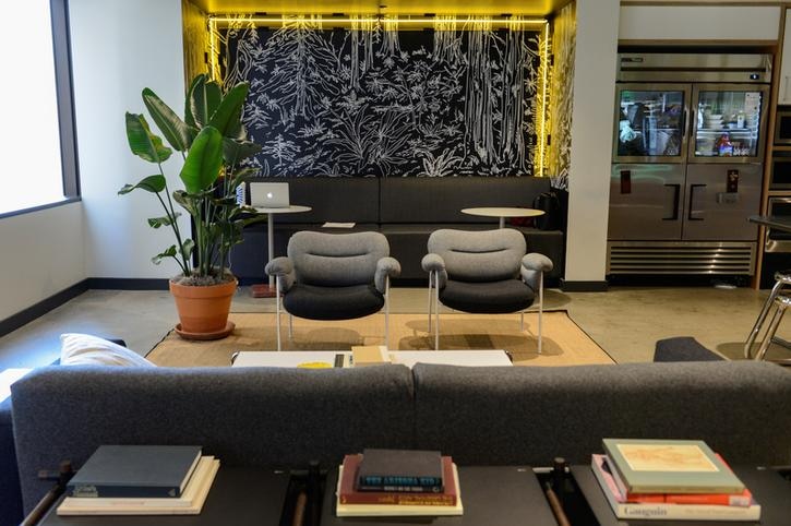 Grey chairs are seen in an office with a plant to the left. There is a table in front with books on it.