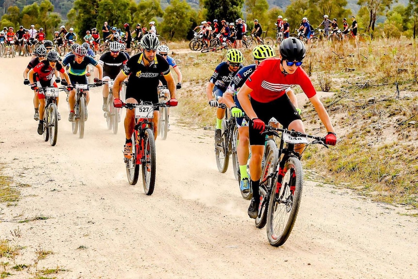 A group of mountain bikers riding in Canberra