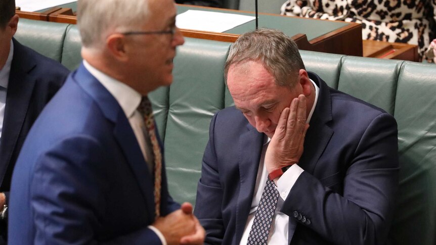 Barnaby Joyce clutches his hand to his face, looking down into his lap. Malcolm Turnbull is out of focus in the foreground.